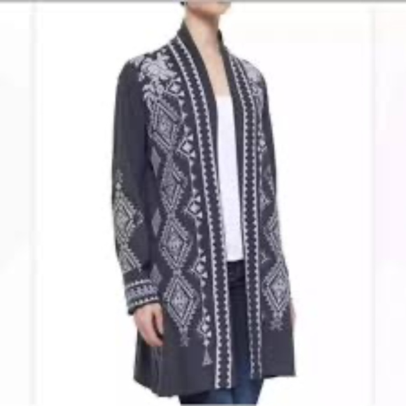NWT Johnny Was Tulla Embroidered Duster Cardigan Long Gray White Open Size L - Picture 1 of 13